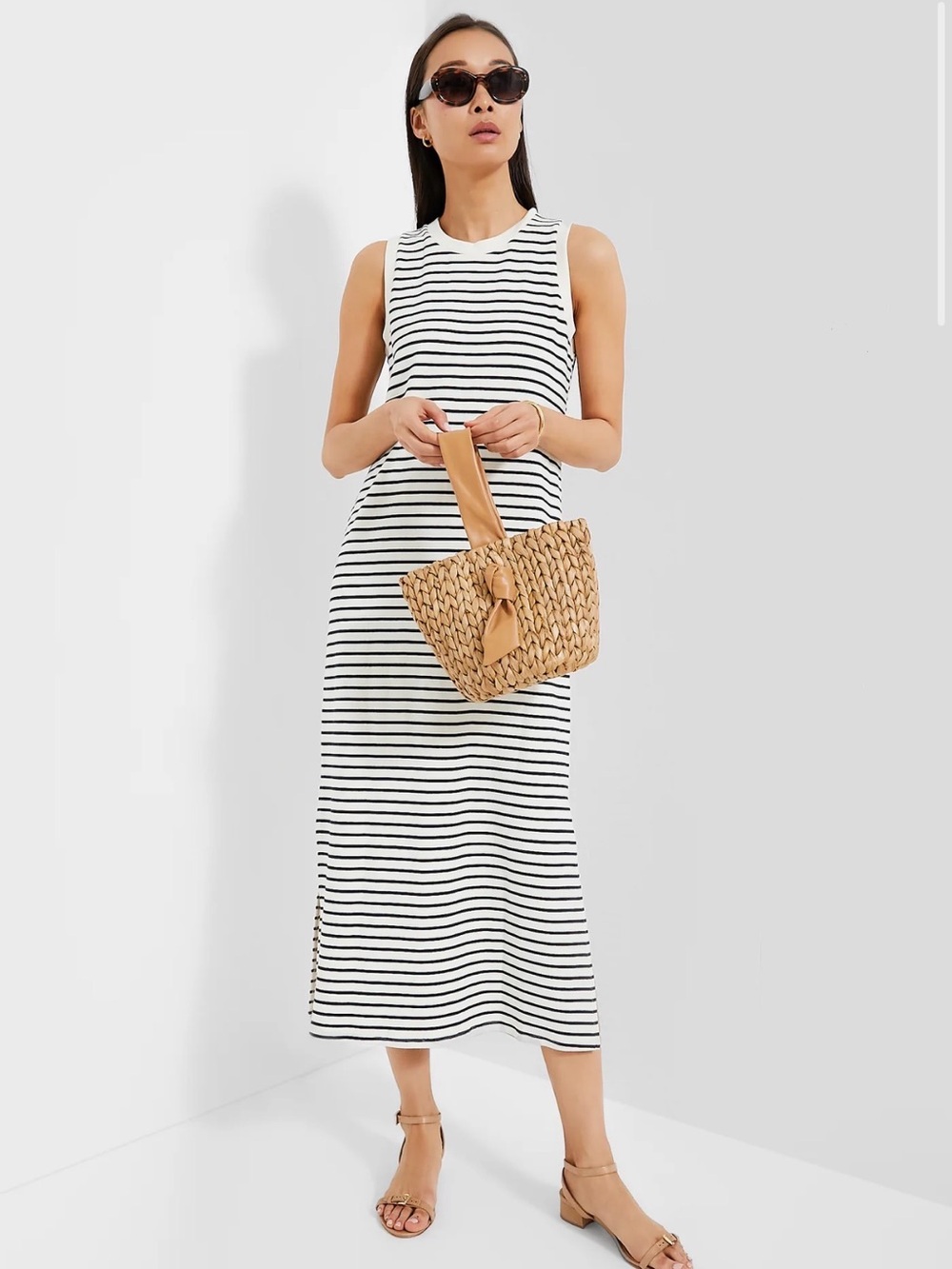 Pomander Place Womens L Navy Stripe Gio Maxi Dress Slit Crew Minimalist Cotton